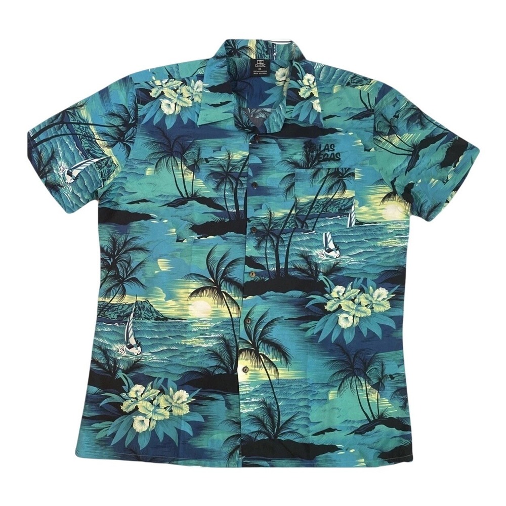 DC Classic Mens XL Las Vegas Hawaiian Shirt‎ Tropical Sunset Palm Tree Teal Blue